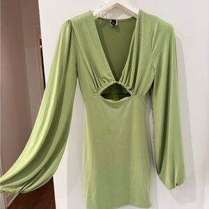 Windsor Sage Green Plunge Cut-out Long Sleeve Mini Dress